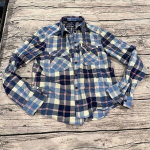 Superdry Blue and Cream Casual Flannel Button Down Shirt Size 4
